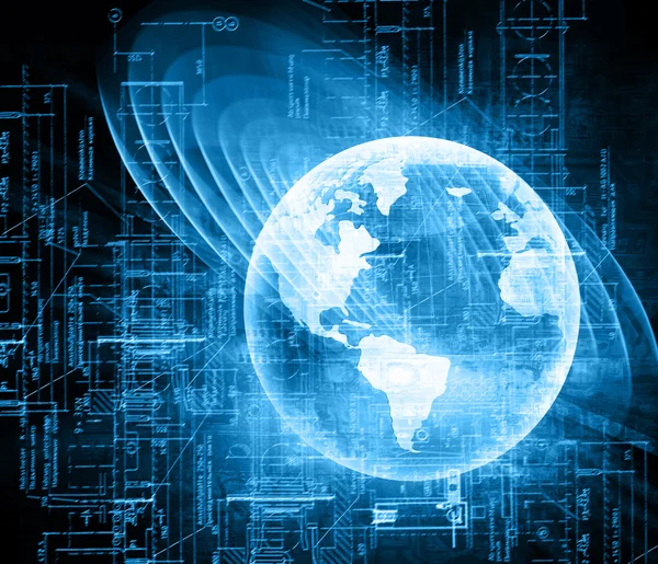 Mejor Concepto de Internet de los negocios globales. Globo, líneas brillantes en el fondo tecnológico. Electrónica, Wi-Fi, rayos, símbolos Internet, televisión, comunicaciones móviles y por satélite —  Fotos de Stock