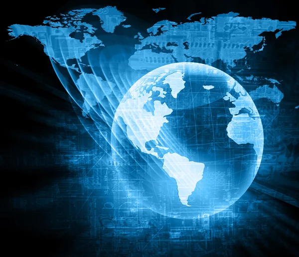 Mejor Concepto de Internet de los negocios globales. Globo, líneas brillantes en el fondo tecnológico. Electrónica, Wi-Fi, rayos, símbolos Internet, televisión, comunicaciones móviles y por satélite — Foto de Stock