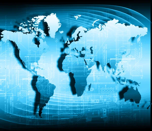 Mapa do mundo sobre um fundo tecnológico, linhas brilhantes símbolos da Internet, rádio, televisão, comunicações móveis e por satélite. Elementos desta imagem fornecidos pela NASA — Fotografia de Stock