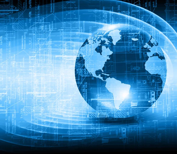 A legjobb internetes koncepció a globális üzletről. Globe, ragyogó vonalak technológiai háttérrel. Elektronika, Wi-Fi, sugarak, szimbólumok Internet, televízió, mobil és műholdas kommunikáció — Stock Fotó