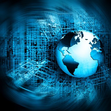 Global iş dünyasının en iyi internet kavramı. Küre, teknolojik arka planda parlayan çizgiler. Elektronik, Wi-Fi, ışınları, sembolleri İnternet, televizyon, mobil ve uydu iletişimi