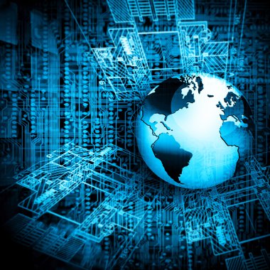 Global iş dünyasının en iyi internet kavramı. Küre, teknolojik arka planda parlayan çizgiler. Elektronik, Wi-Fi, ışınları, sembolleri İnternet, televizyon, mobil ve uydu iletişimi