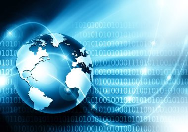 Global iş dünyasının en iyi internet kavramı. Küre, teknolojik arka planda parlayan çizgiler. Elektronik, Wi-Fi, ışınları, sembolleri İnternet, televizyon, mobil ve uydu iletişimi