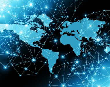 Dünya Haritası üzerinde teknolojik bir arka plan, parlak çizgiler semboller Internet, radyo, televizyon, telefon ve uydu iletişim.