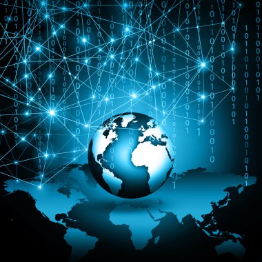 Global iş dünyasının en iyi internet kavramı. Küre, teknolojik arka planda parlayan çizgiler. Elektronik, Wi-Fi, ışınları, sembolleri İnternet, televizyon, mobil ve uydu iletişimi