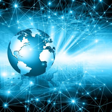 Dünya Haritası üzerinde teknolojik bir arka plan, parlak çizgiler semboller Internet, radyo, televizyon, telefon ve uydu iletişim.