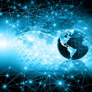 Global iş dünyasının en iyi internet kavramı. Küre, teknolojik arka planda parlayan çizgiler. Elektronik, Wi-Fi, ışınları, sembolleri İnternet, televizyon, mobil ve uydu iletişimi