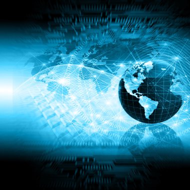 Global iş dünyasının en iyi internet kavramı. Küre, teknolojik arka planda parlayan çizgiler. Elektronik, Wi-Fi, ışınları, sembolleri İnternet, televizyon, mobil ve uydu iletişimi