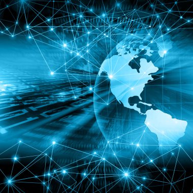 Global iş dünyasının en iyi internet kavramı. Küre, teknolojik arka planda parlayan çizgiler. Elektronik, Wi-Fi, ışınları, sembolleri İnternet, televizyon, mobil ve uydu iletişimi