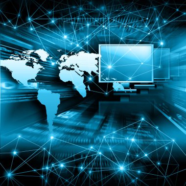Dünya Haritası üzerinde teknolojik bir arka plan, parlak çizgiler semboller Internet, radyo, televizyon, telefon ve uydu iletişim.