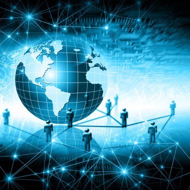 Global iş dünyasının en iyi internet kavramı. Küre, teknolojik arka planda parlayan çizgiler. Elektronik, Wi-Fi, ışınları, sembolleri İnternet, televizyon, mobil ve uydu iletişimi