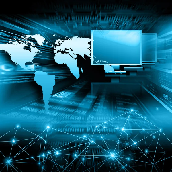 Mapa del mundo sobre un fondo tecnológico, líneas luminosas símbolos de Internet, radio, televisión, comunicaciones móviles y por satélite . —  Fotos de Stock