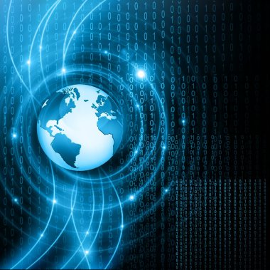 Global iş dünyasının en iyi internet kavramı. Küre, teknolojik arka planda parlayan çizgiler. Elektronik, Wi-Fi, ışınları, sembolleri İnternet, televizyon, mobil ve uydu iletişimi