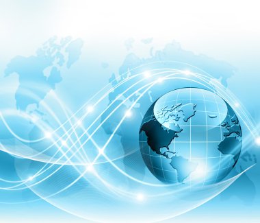 Global iş dünyasının en iyi internet kavramı. Küre, teknolojik arka planda parlayan çizgiler. Elektronik, Wi-Fi, ışınları, sembolleri İnternet, televizyon, mobil ve uydu iletişimi