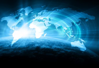 Dünya Haritası üzerinde teknolojik bir arka plan, parlak çizgiler semboller Internet, radyo, televizyon, telefon ve uydu iletişim.