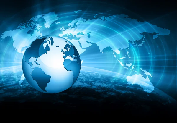 Global iş dünyasının en iyi internet kavramı. Küre, teknolojik arka planda parlayan çizgiler. Elektronik, Wi-Fi, ışınları, sembolleri İnternet, televizyon, mobil ve uydu iletişimi