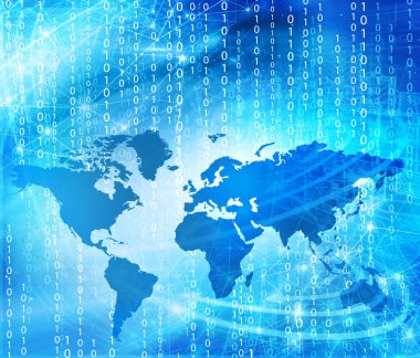 Dünya Haritası üzerinde teknolojik bir arka plan, parlak çizgiler semboller Internet, radyo, televizyon, telefon ve uydu iletişim.