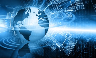 Global iş dünyasının en iyi internet kavramı. Küre, teknolojik arka planda parlayan çizgiler. Elektronik, Wi-Fi, ışınları, sembolleri İnternet, televizyon, mobil ve uydu iletişimi