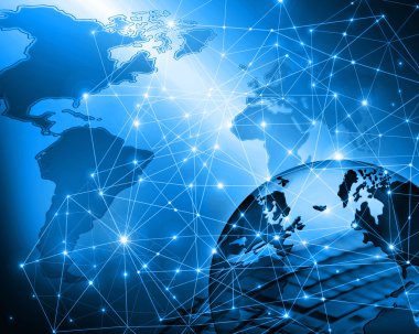 Global iş dünyasının en iyi internet kavramı. Küre, teknolojik arka planda parlayan çizgiler. Elektronik, Wi-Fi, ışınları, sembolleri İnternet, televizyon, mobil ve uydu iletişimi