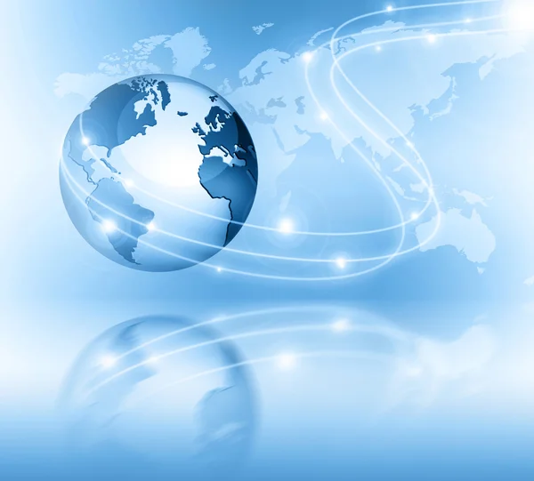 Nejlepší internetová koncepce globálního podnikání. Globe, zářící čáry na technologickém pozadí. Elektronika, Wi-Fi, paprsky, symboly Internet, televize, mobilní a satelitní komunikace — Stock fotografie