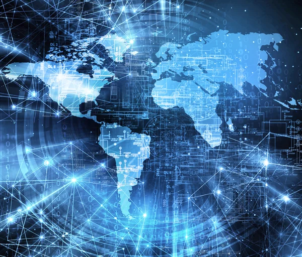 Mapa del mundo sobre un fondo tecnológico, líneas luminosas símbolos de Internet, radio, televisión, comunicaciones móviles y por satélite . — Foto de Stock