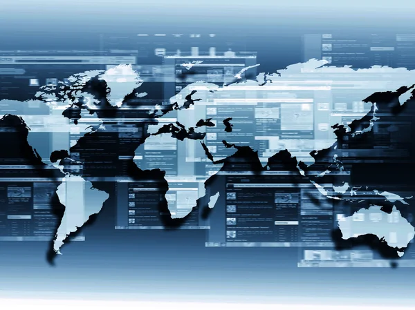 Mapa do mundo sobre um fundo tecnológico, linhas brilhantes símbolos da Internet, rádio, televisão, comunicações móveis e por satélite . — Fotografia de Stock