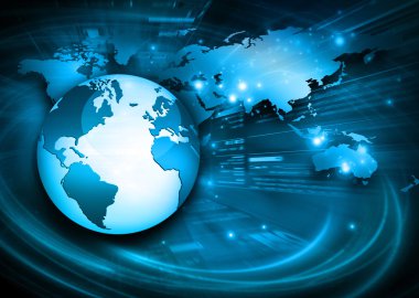 Global iş dünyasının en iyi internet kavramı. Küre, teknolojik arka planda parlayan çizgiler. Elektronik, Wi-Fi, ışınları, sembolleri İnternet, televizyon, mobil ve uydu iletişimi