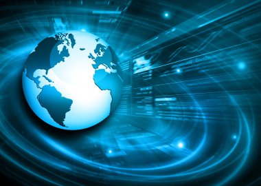 Global iş dünyasının en iyi internet kavramı. Küre, teknolojik arka planda parlayan çizgiler. Elektronik, Wi-Fi, ışınları, sembolleri İnternet, televizyon, mobil ve uydu iletişimi