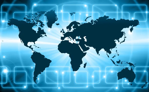 Mapa do mundo sobre um fundo tecnológico, linhas brilhantes símbolos da Internet, rádio, televisão, comunicações móveis e por satélite . — Fotografia de Stock