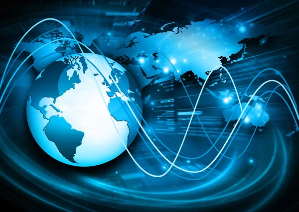 Mejor Concepto de Internet de los negocios globales. Globo, líneas brillantes en el fondo tecnológico. Electrónica, Wi-Fi, rayos, símbolos Internet, televisión, comunicaciones móviles y por satélite — Foto de Stock