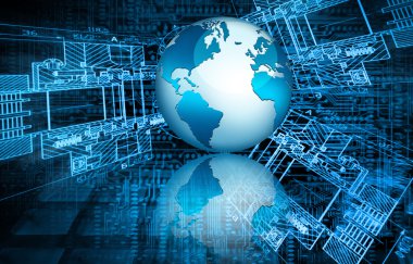 Global iş dünyasının en iyi internet kavramı. Küre, teknolojik arka planda parlayan çizgiler. Elektronik, Wi-Fi, ışınları, sembolleri İnternet, televizyon, mobil ve uydu iletişimi