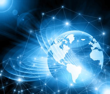 Global iş dünyasının en iyi internet kavramı. Küre, teknolojik arka planda parlayan çizgiler. Elektronik, Wi-Fi, ışınları, sembolleri İnternet, televizyon, mobil ve uydu iletişimi