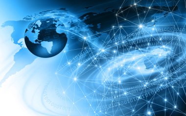 Global iş dünyasının en iyi internet kavramı. Küre, teknolojik arka planda parlayan çizgiler. Elektronik, Wi-Fi, ışınları, sembolleri İnternet, televizyon, mobil ve uydu iletişimi