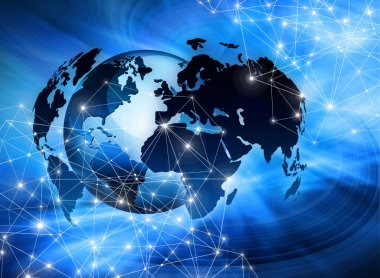 Global iş dünyasının en iyi internet kavramı. Küre, teknolojik arka planda parlayan çizgiler. Elektronik, Wi-Fi, ışınları, sembolleri İnternet, televizyon, mobil ve uydu iletişimi