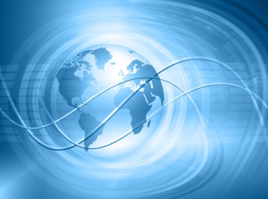 Global iş dünyasının en iyi internet kavramı. Küre, teknolojik arka planda parlayan çizgiler. Elektronik, Wi-Fi, ışınları, sembolleri İnternet, televizyon, mobil ve uydu iletişimi