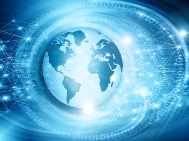 Global iş dünyasının en iyi internet kavramı. Küre, teknolojik arka planda parlayan çizgiler. Elektronik, Wi-Fi, ışınları, sembolleri İnternet, televizyon, mobil ve uydu iletişimi