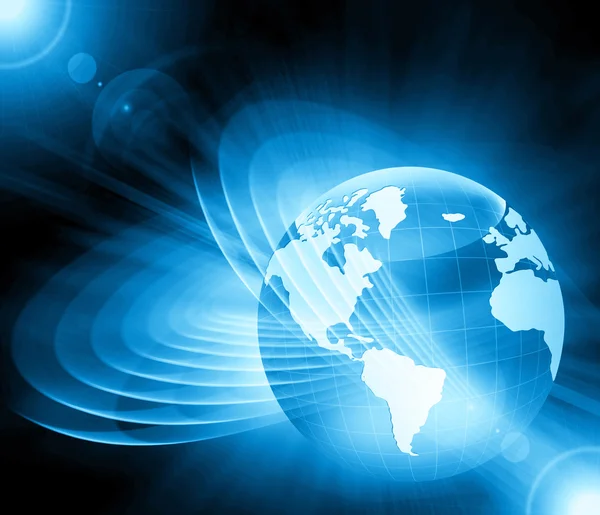 Meilleur concept Internet des affaires mondiales. Globe, lignes lumineuses sur fond technologique. Électronique, Wi-Fi, rayons, symboles Internet, télévision, communications mobiles et par satellite — Photo