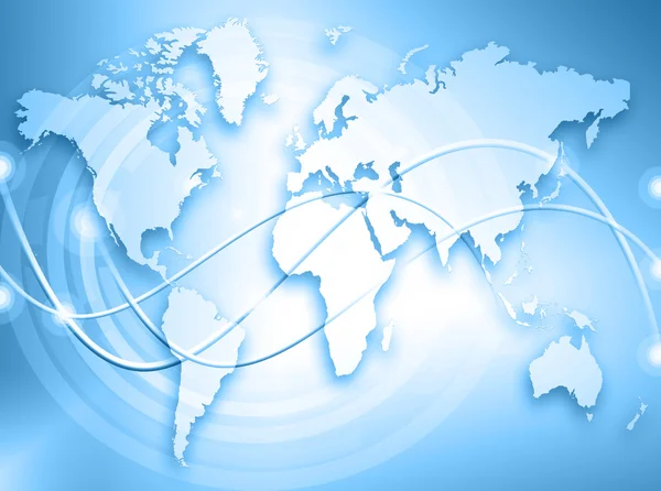 Mapa del mundo sobre un fondo tecnológico, líneas luminosas símbolos de Internet, radio, televisión, comunicaciones móviles y por satélite . — Foto de Stock