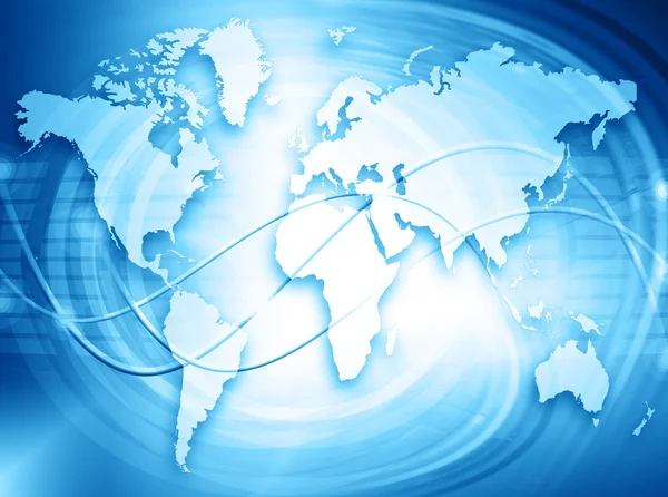 Mapa do mundo sobre um fundo tecnológico, linhas brilhantes símbolos da Internet, rádio, televisão, comunicações móveis e por satélite . — Fotografia de Stock