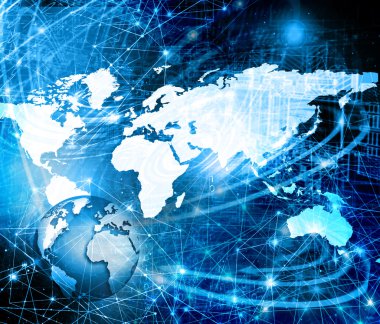 Global iş dünyasının en iyi internet kavramı. Küre, teknolojik arka planda parlayan çizgiler. Elektronik, Wi-Fi, ışınları, sembolleri İnternet, televizyon, mobil ve uydu iletişimi