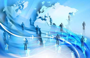 Dünya Haritası üzerinde teknolojik bir arka plan, parlak çizgiler semboller Internet, radyo, televizyon, telefon ve uydu iletişim.
