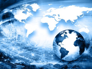 Global iş dünyasının en iyi internet kavramı. Küre, teknolojik arka planda parlayan çizgiler. Elektronik, Wi-Fi, ışınları, sembolleri İnternet, televizyon, mobil ve uydu iletişimi