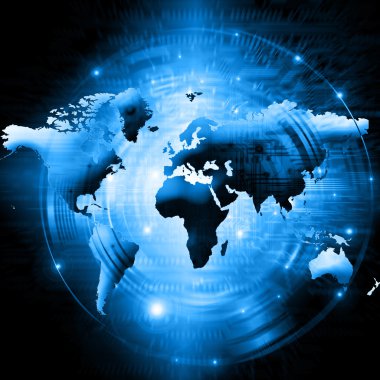 Dünya Haritası üzerinde teknolojik bir arka plan, parlak çizgiler semboller Internet, radyo, televizyon, telefon ve uydu iletişim.