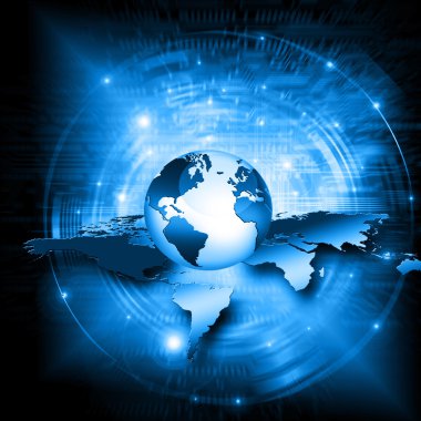 Dünya Haritası üzerinde teknolojik bir arka plan, parlak çizgiler semboller Internet, radyo, televizyon, telefon ve uydu iletişim.