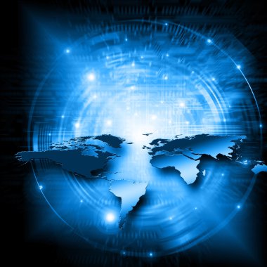 Dünya Haritası üzerinde teknolojik bir arka plan, parlak çizgiler semboller Internet, radyo, televizyon, telefon ve uydu iletişim.