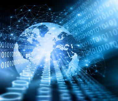 Global iş dünyasının en iyi internet kavramı. Küre, teknolojik arka planda parlayan çizgiler. Elektronik, Wi-Fi, ışınları, sembolleri İnternet, televizyon, mobil ve uydu iletişimi