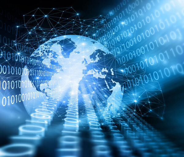 Лучший интернет-проект глобального бизнеса. Глобус, светящиеся линии на технологическом фоне. Электроника, Wi-Fi, лучи, символы Интернет, телевидение, мобильная и спутниковая связь
