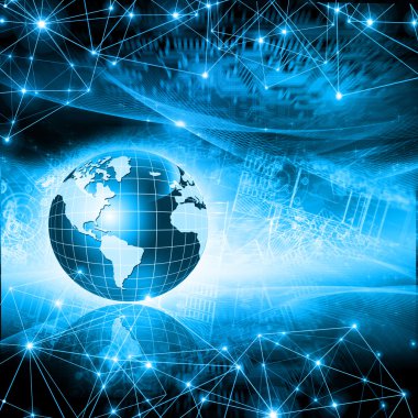 Global iş dünyasının en iyi internet kavramı. Küre, teknolojik arka planda parlayan çizgiler. Elektronik, Wi-Fi, ışınları, sembolleri İnternet, televizyon, mobil ve uydu iletişimi