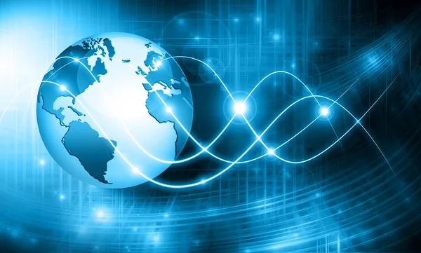 Global iş dünyasının en iyi internet kavramı. Küre, teknolojik arka planda parlayan çizgiler. Elektronik, Wi-Fi, ışınları, sembolleri İnternet, televizyon, mobil ve uydu iletişimi — Stok fotoğraf