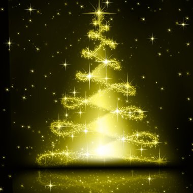 Christmas golden tree, beautiful snowflakes and shining stars